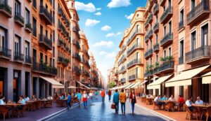 European city street with people, cafes, and ornate buildings under a blue sky