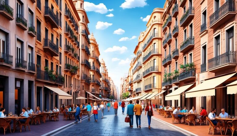 European city street with people, cafes, and ornate buildings under a blue sky