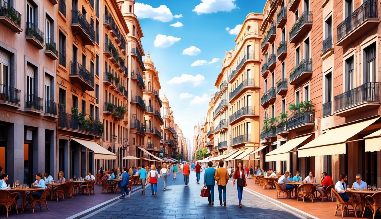 European city street with people, cafes, and ornate buildings under a blue sky