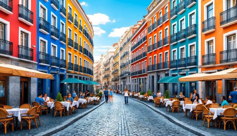 Colorful buildings line a cobblestone street with outdoor cafes and people walking