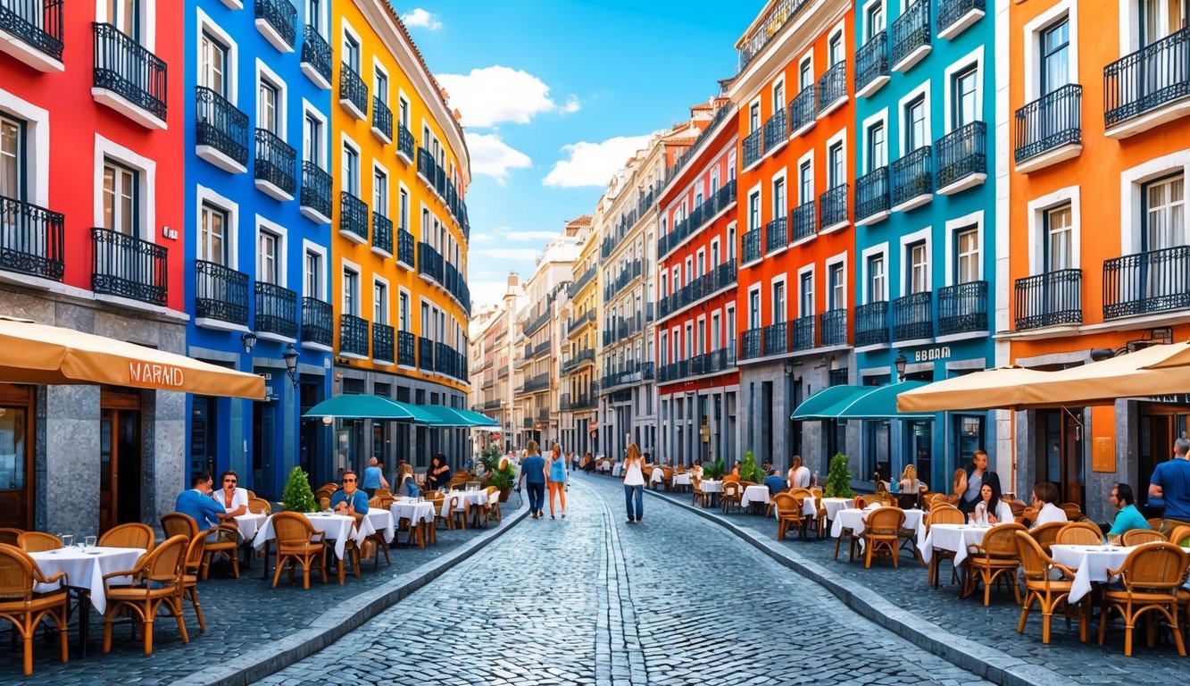Colorful buildings line a cobblestone street with outdoor cafes and people walking