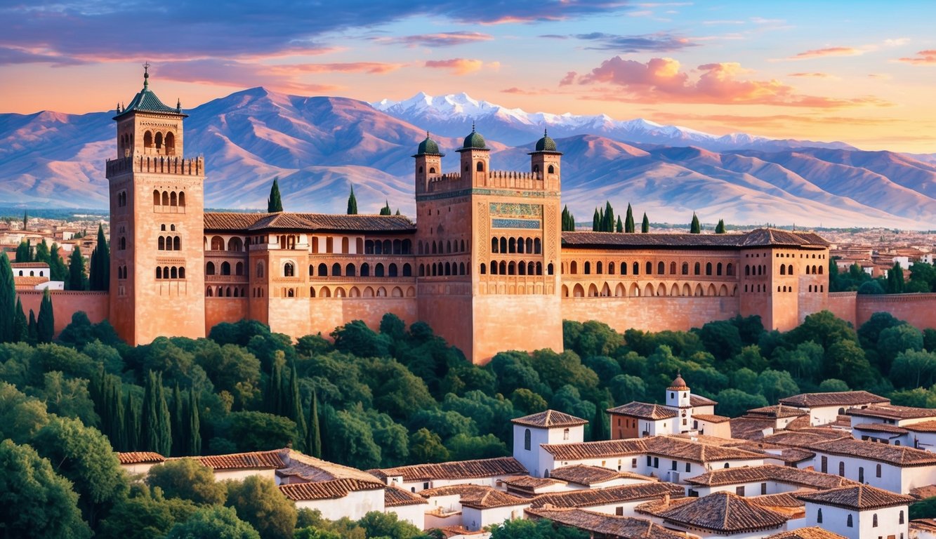The Alhambra palace in Granada, Spain, with mountains in the background