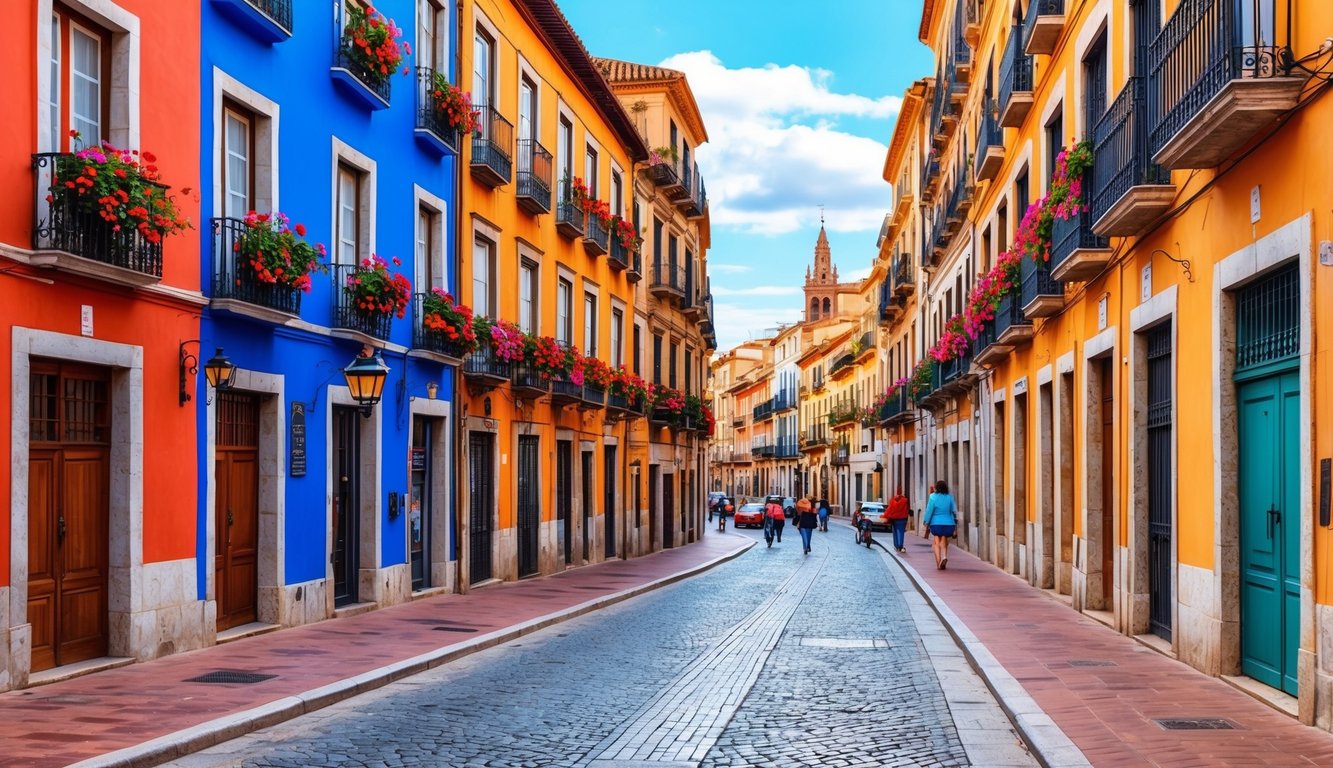 Colorful buildings line a cobblestone street with people walking, church in the distance