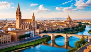 Cityscape with cathedral, bridge over river, and buildings under a blue sky