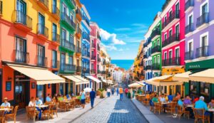 Colorful buildings line a street with cafes and people, ocean in the distance