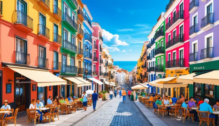 Colorful buildings line a street with cafes and people, ocean in the distance