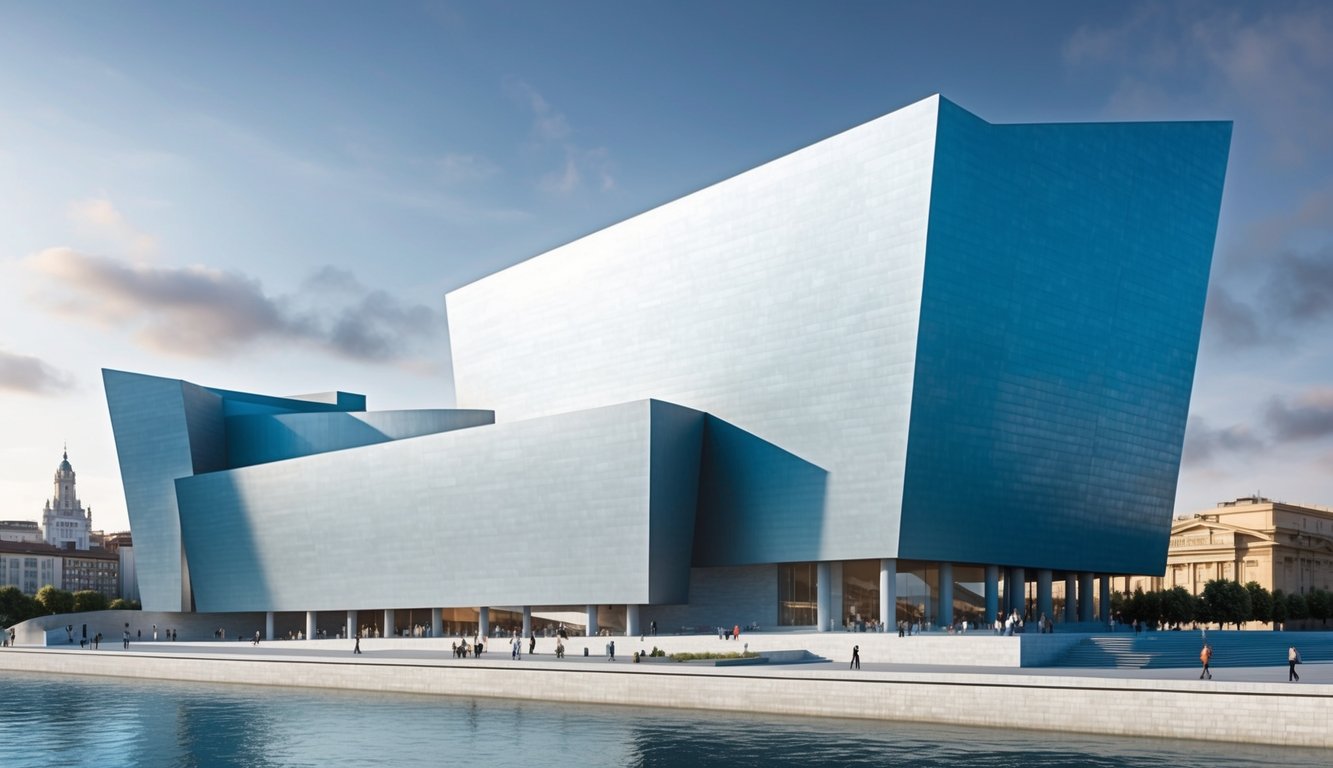 Modern, angular building with blue accents, near a river and other buildings