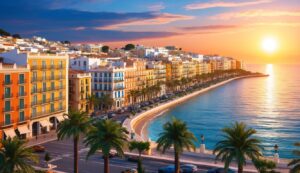 Coastal city with colorful buildings, palm trees, and ocean at sunset
