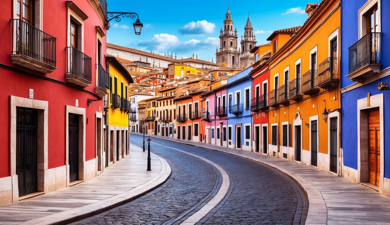 Colorful buildings line a cobblestone street, with a cathedral in the background