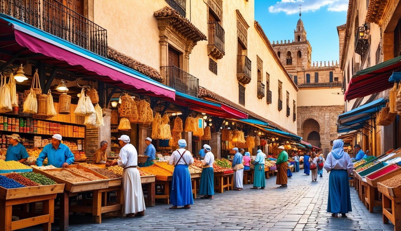 Busy street market with vendors selling goods under awnings, historic architecture