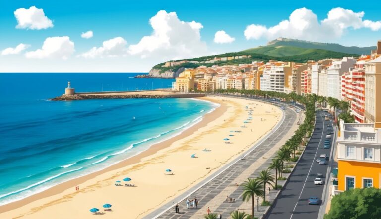Coastal city with beach, lighthouse, buildings, road, and blue sky