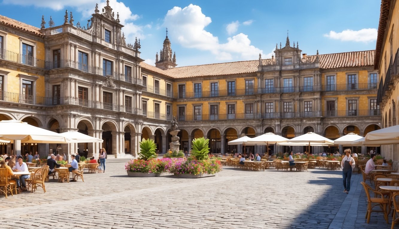 Courtyard with ornate buildings, outdoor cafes, and a fountain under a blue sky