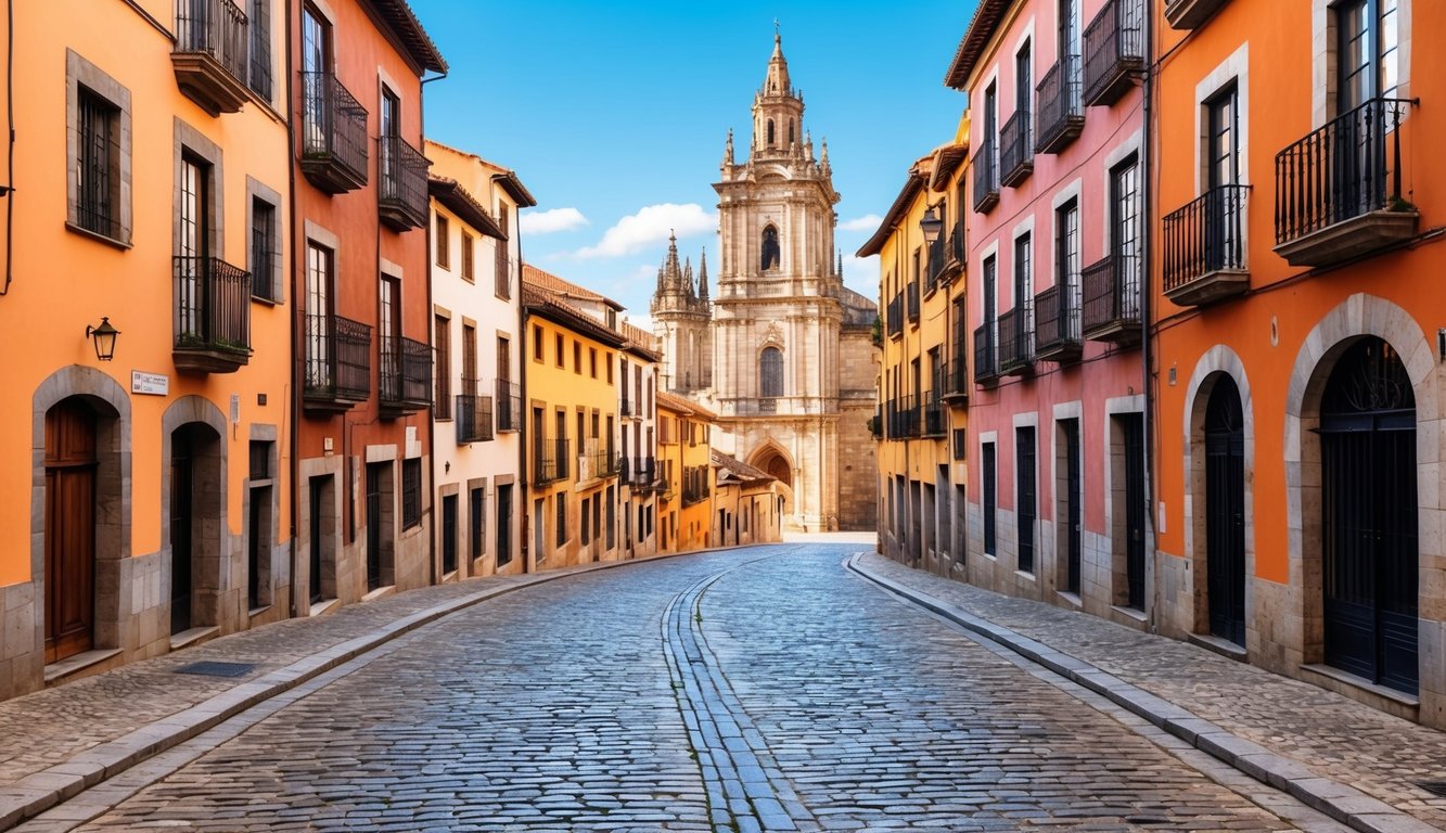 Cobblestone street leading to a cathedral, flanked by colorful buildings