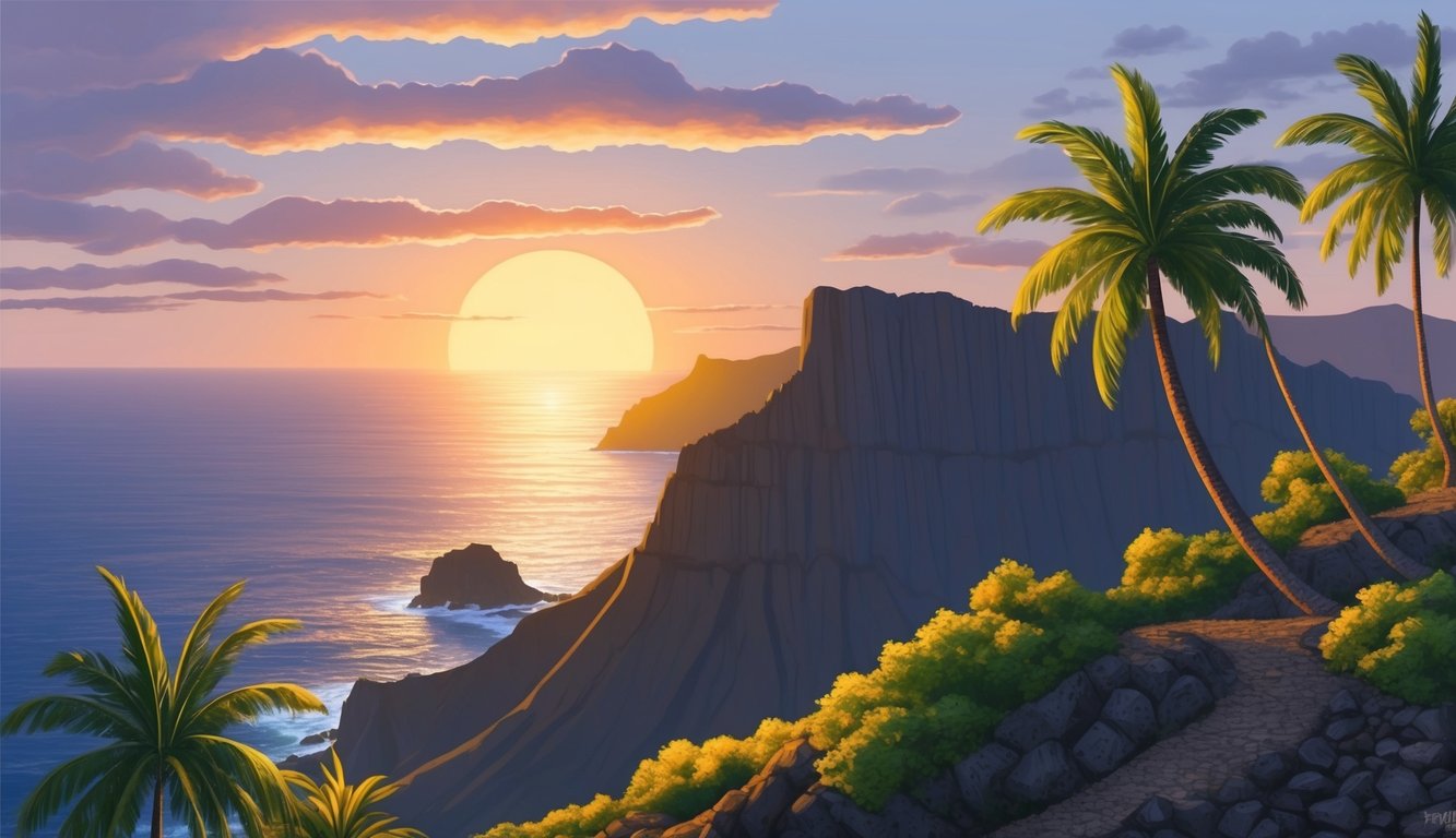 Sunset over ocean with cliffs, palm trees, and a stone path