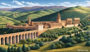Illustration of Segovia, Spain, with a Roman aqueduct and castle