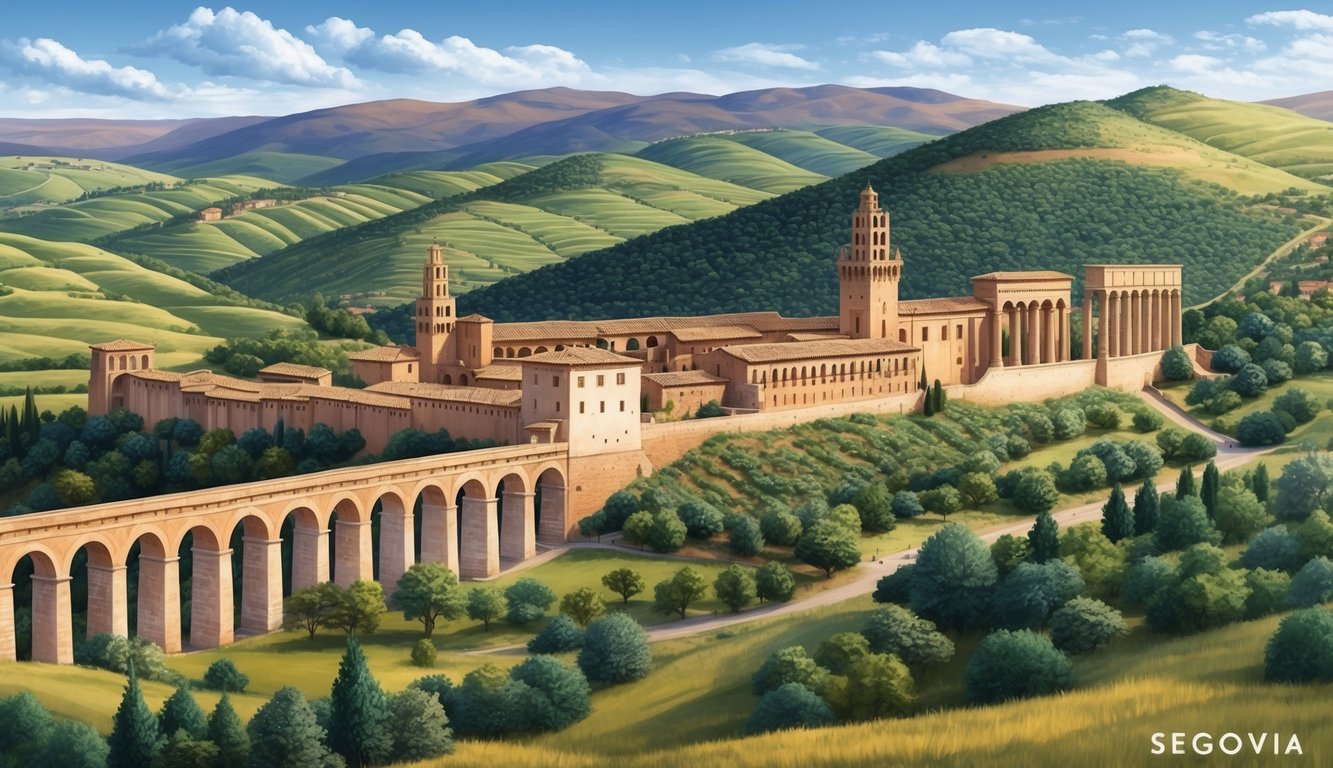 Illustration of Segovia, Spain, with a Roman aqueduct and castle