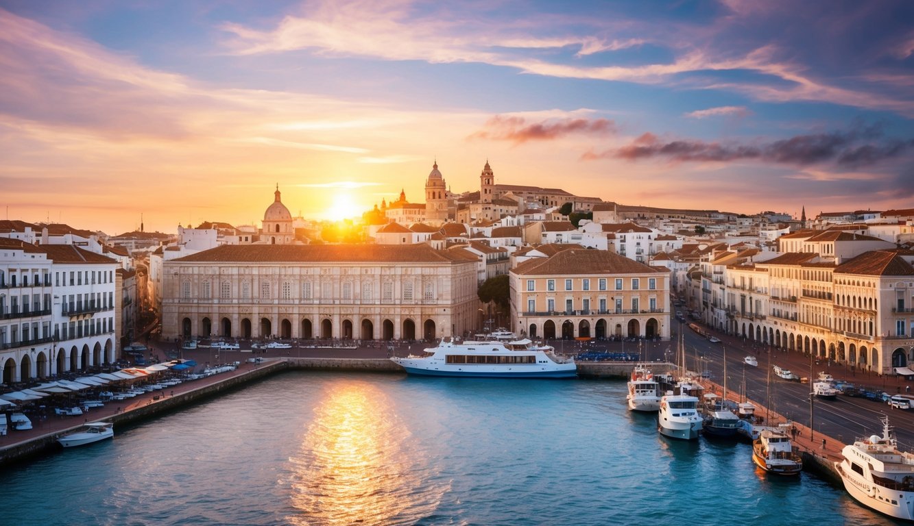 Cityscape at sunset with harbor, boats, and buildings with white facades