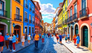 Colorful buildings line a cobblestone street filled with people on a sunny day