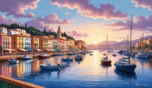 Colorful coastal town with boats in the harbor at sunset