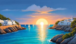 Coastal sunset scene with white buildings, sailboats, and a bright sun