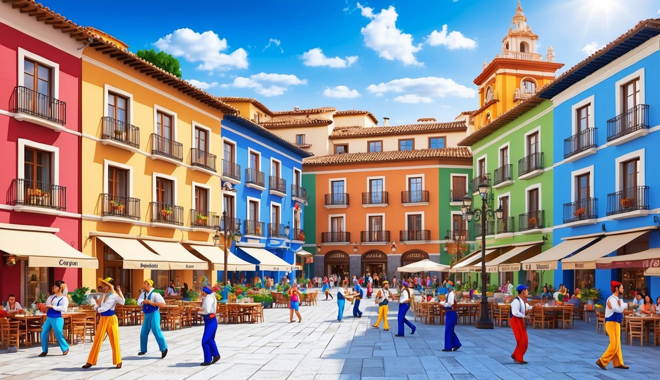 Colorful buildings surround a plaza with people, restaurants, and performers in bright clothing