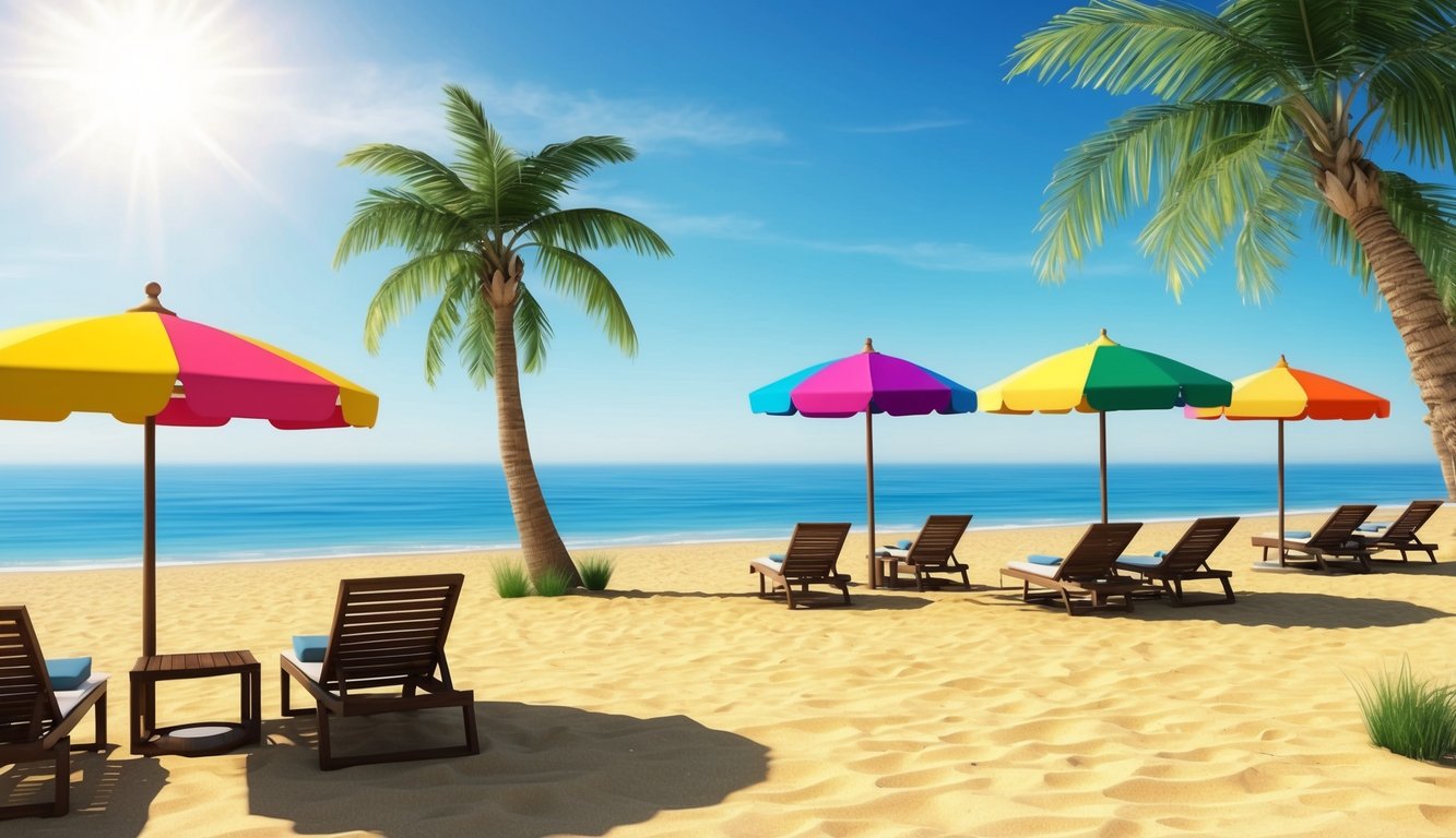 A sunny Spanish beach with clear blue skies, palm trees swaying in the gentle breeze, and colorful parasols dotting the golden sand