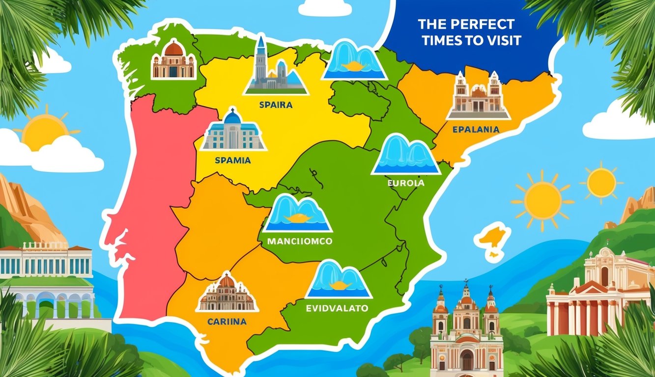 A vibrant, colorful map of Spain with iconic landmarks and symbols representing the five perfect times to visit, surrounded by sunny, inviting scenery
