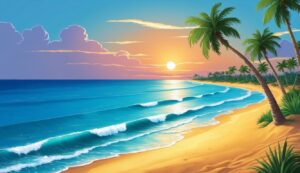 Beach scene with palm trees, ocean waves, and a sunset