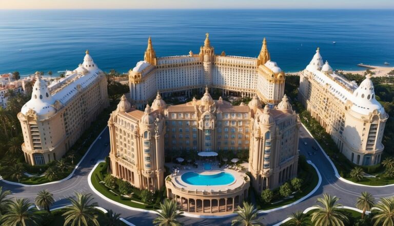 Aerial view of a luxurious hotel complex with a pool by the ocean