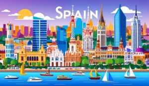 Illustration of Spain's skyline with boats on the water and the word "SPAIN"