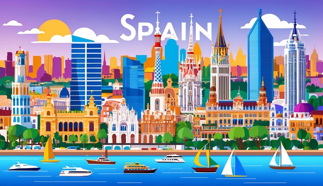 Illustration of Spain's skyline with boats on the water and the word "SPAIN"