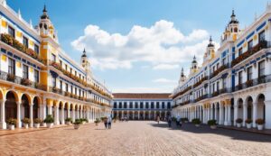 Symmetrical architecture with colorful facades and people walking on a brick plaza