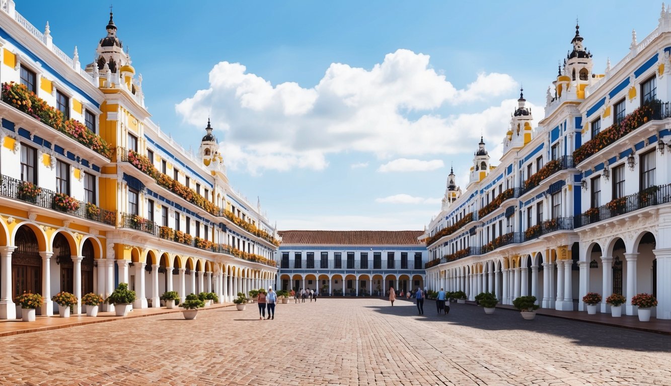 Symmetrical architecture with colorful facades and people walking on a brick plaza