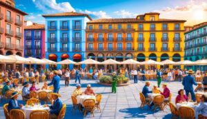 Colorful buildings surround a plaza with people dining at outdoor cafes
