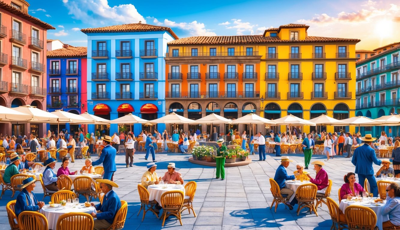 Colorful buildings surround a plaza with people dining at outdoor cafes
