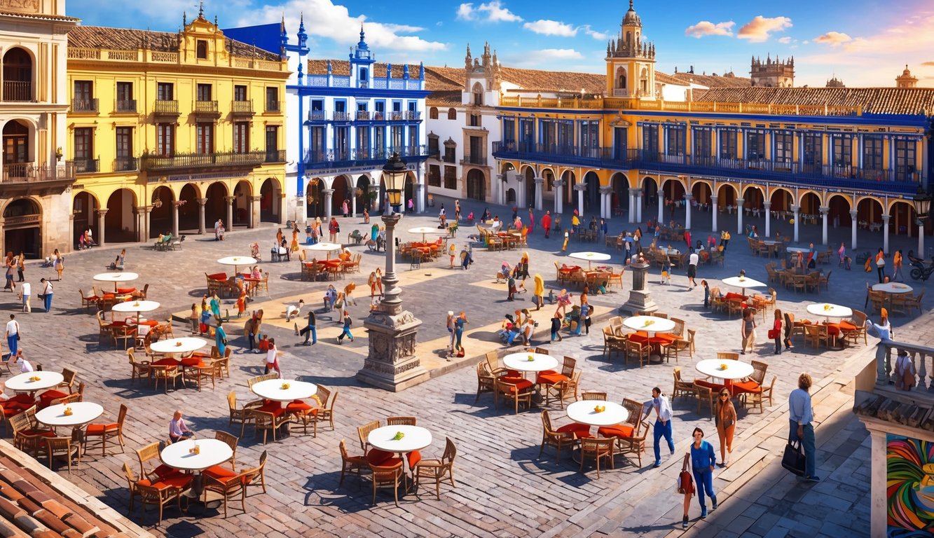 A bustling city square in Seville, with colorful buildings and lively outdoor cafes, surrounded by historic architecture and vibrant street art
