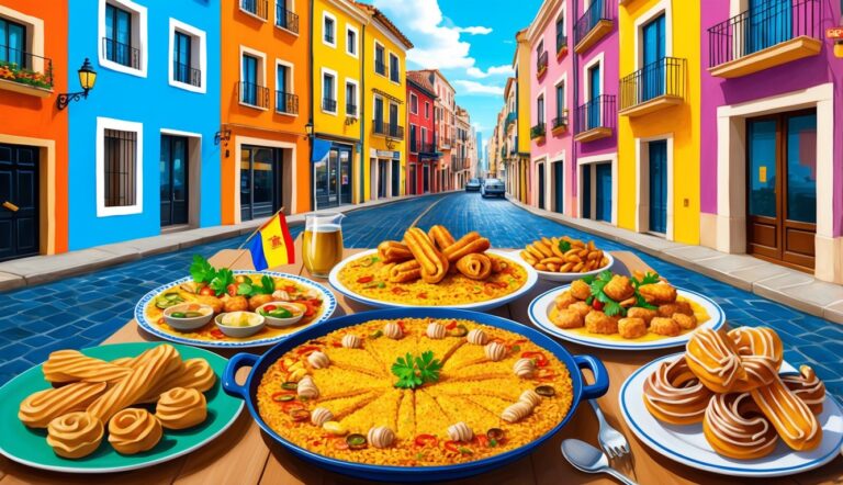 Spanish food spread on a table with a colorful street in the background