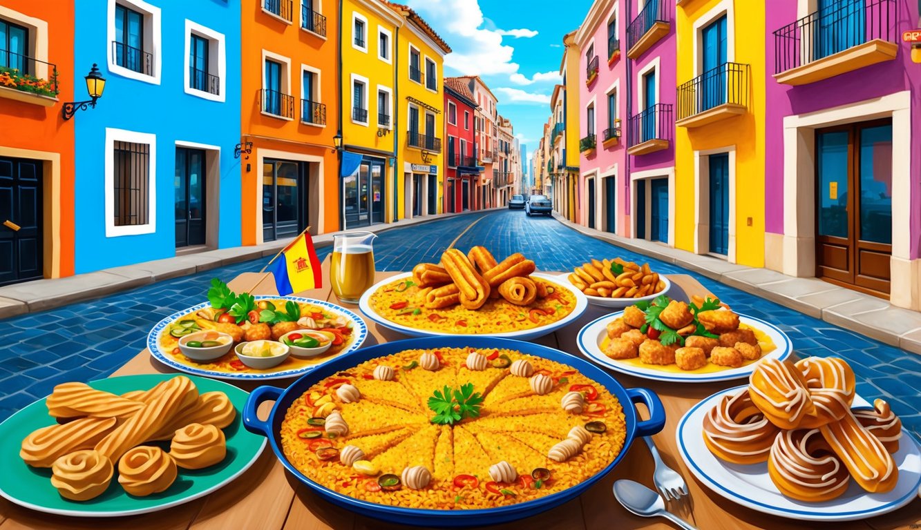 Spanish food spread on a table with a colorful street in the background