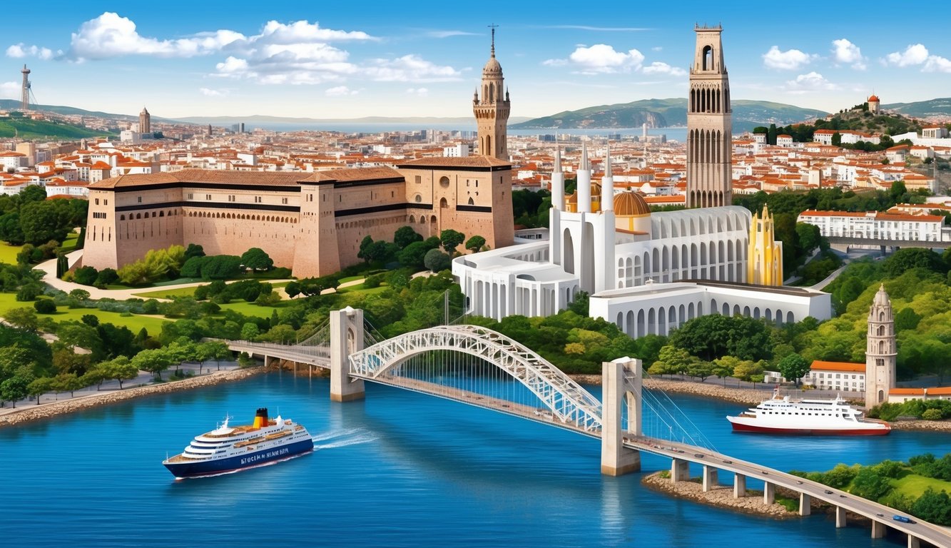 Cityscape with bridge, cruise ships, and historic buildings on a river