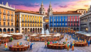 Colorful plaza with restaurants, fountain, and people dining under a sunset sky