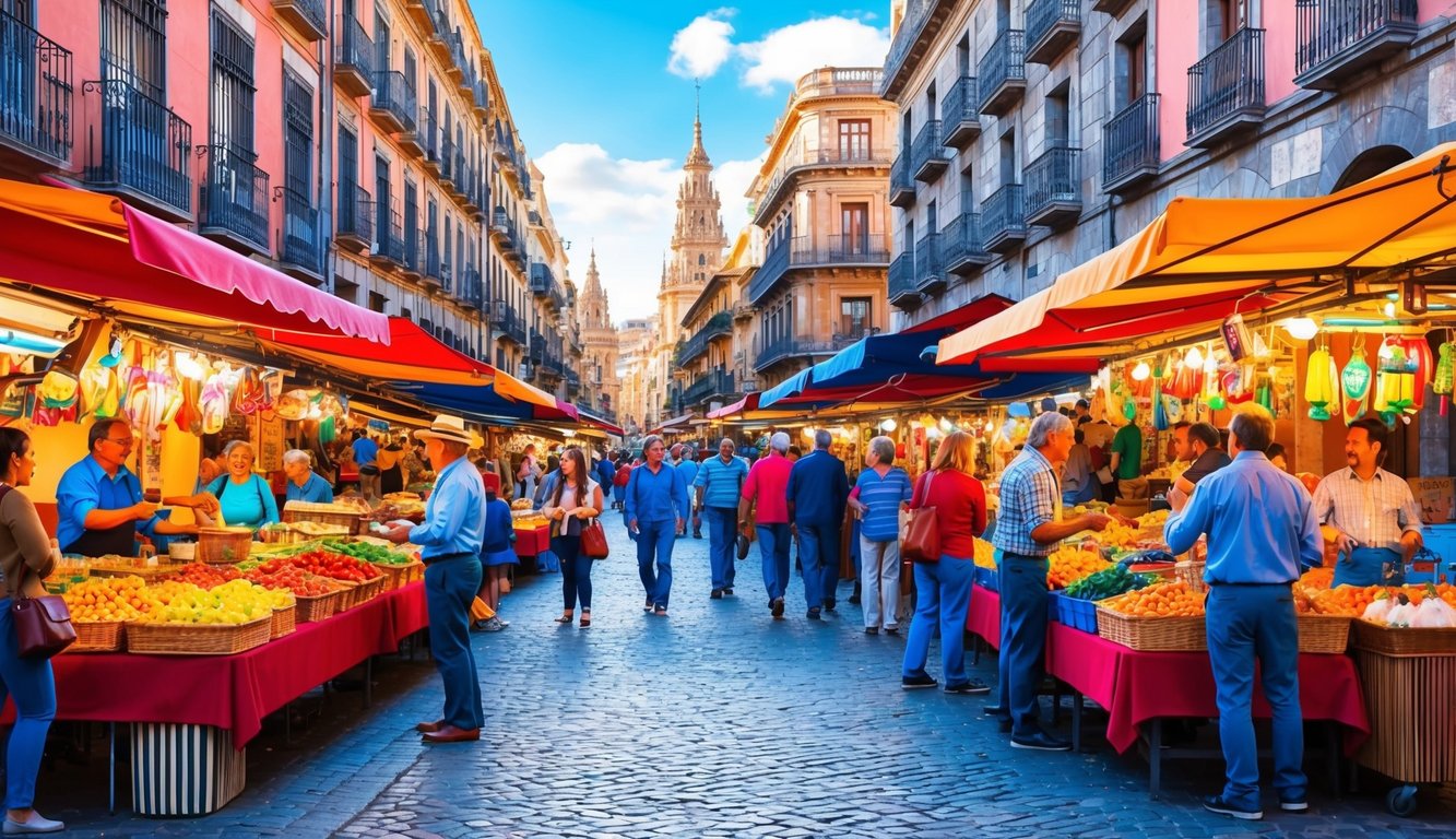 A vibrant street market in Spain, bustling with colorful stalls and lively music, surrounded by historic architecture and lively crowds