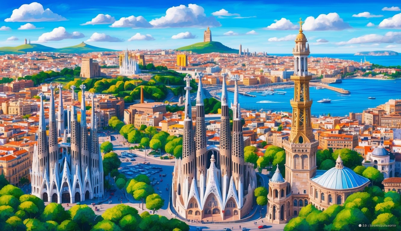 A vibrant cityscape with iconic landmarks from Spain and Portugal, including the Sagrada Familia and the Tower of Belem, surrounded by beautiful landscapes and blue skies