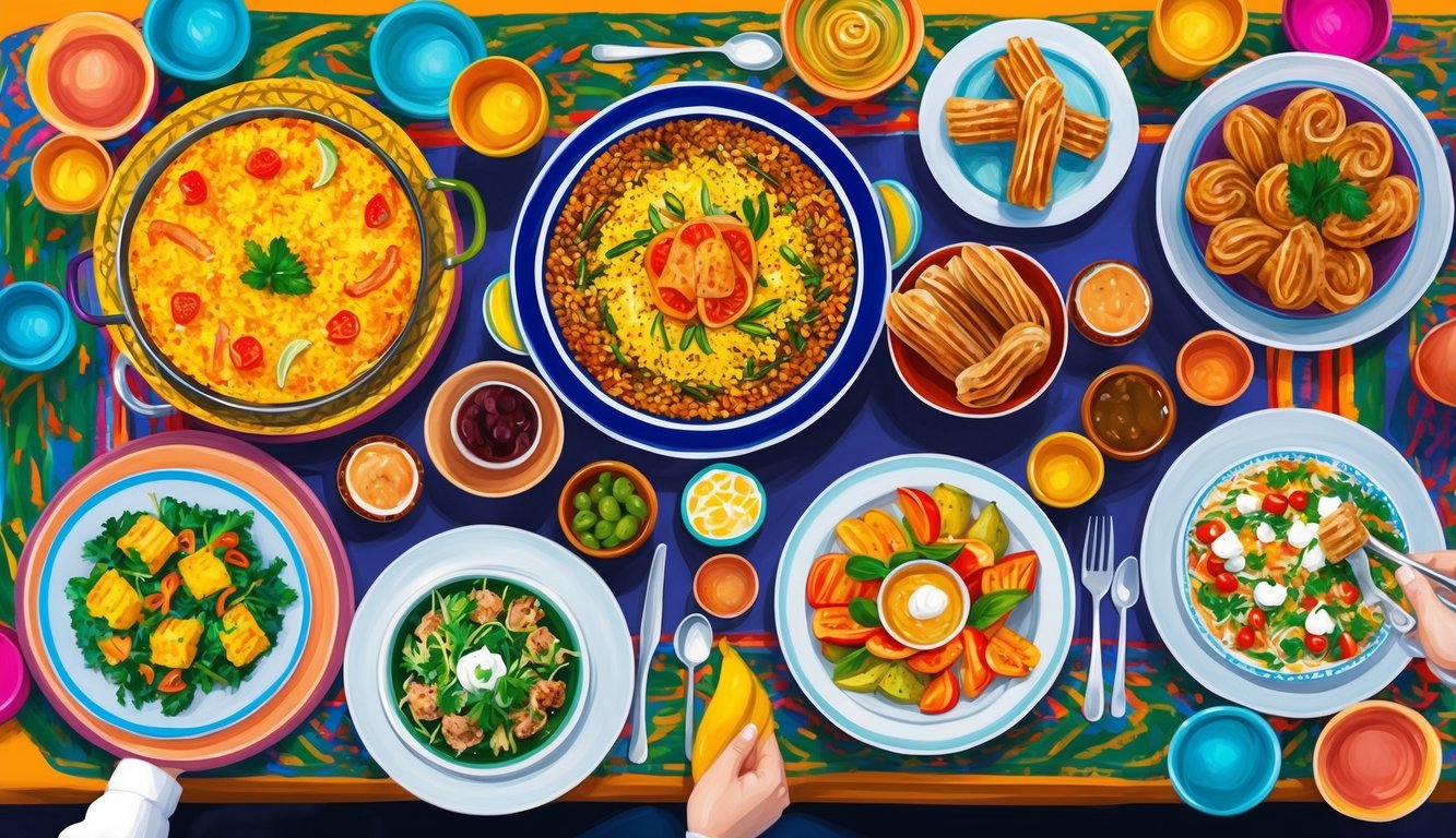 A table set with a variety of Spanish dishes, including paella, tapas, and churros, surrounded by vibrant and colorful decor