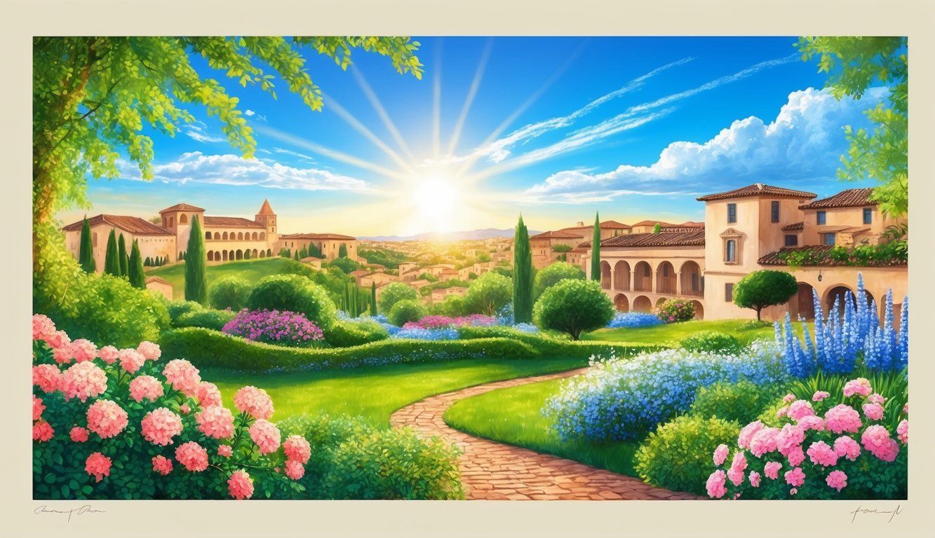 Scenic painting of a sunny Italian landscape with flowers and buildings