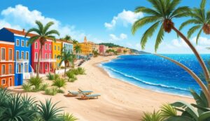 Beach scene with colorful buildings, palm trees, and blue ocean
