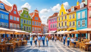 Colorful buildings and outdoor cafes in a European town square. People walking