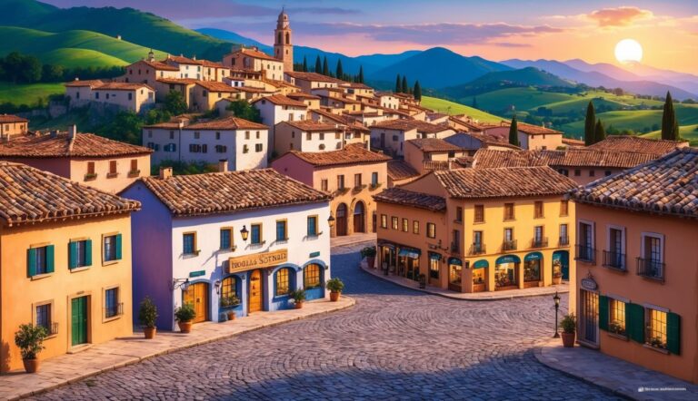 Picturesque European village with colorful buildings, cobblestone street, and rolling hills