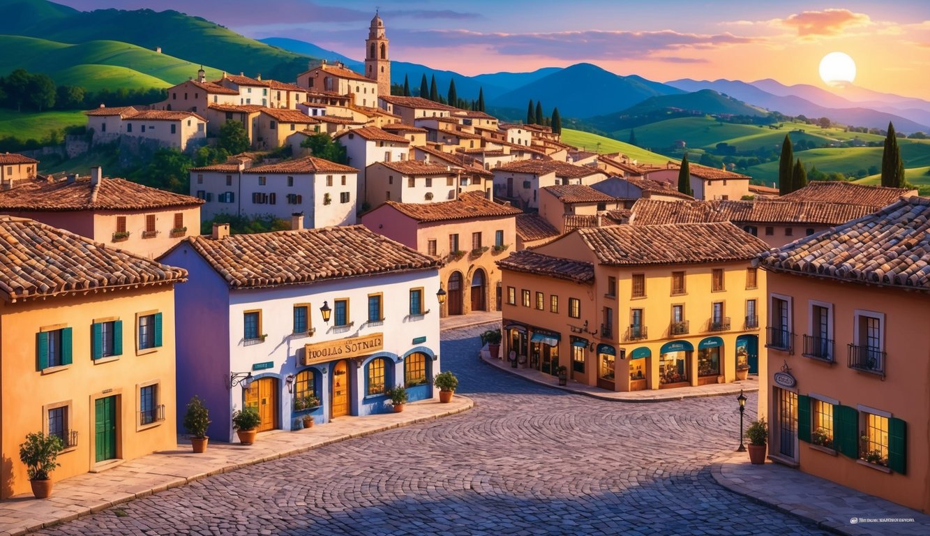 Picturesque European village with colorful buildings, cobblestone street, and rolling hills