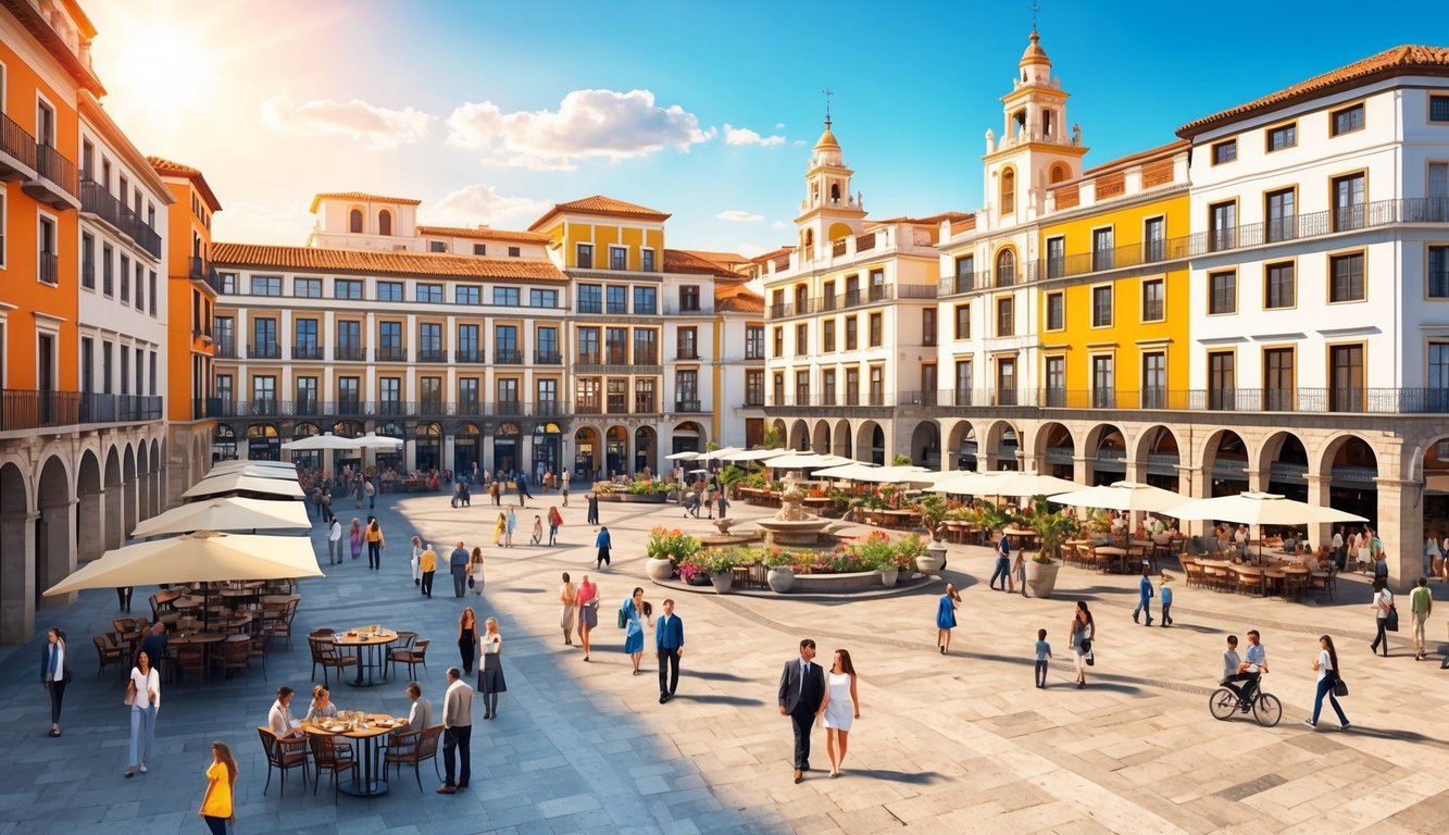 A bustling plaza in a Spanish city, with vibrant architecture, outdoor cafes, and people strolling under the warm Mediterranean sun