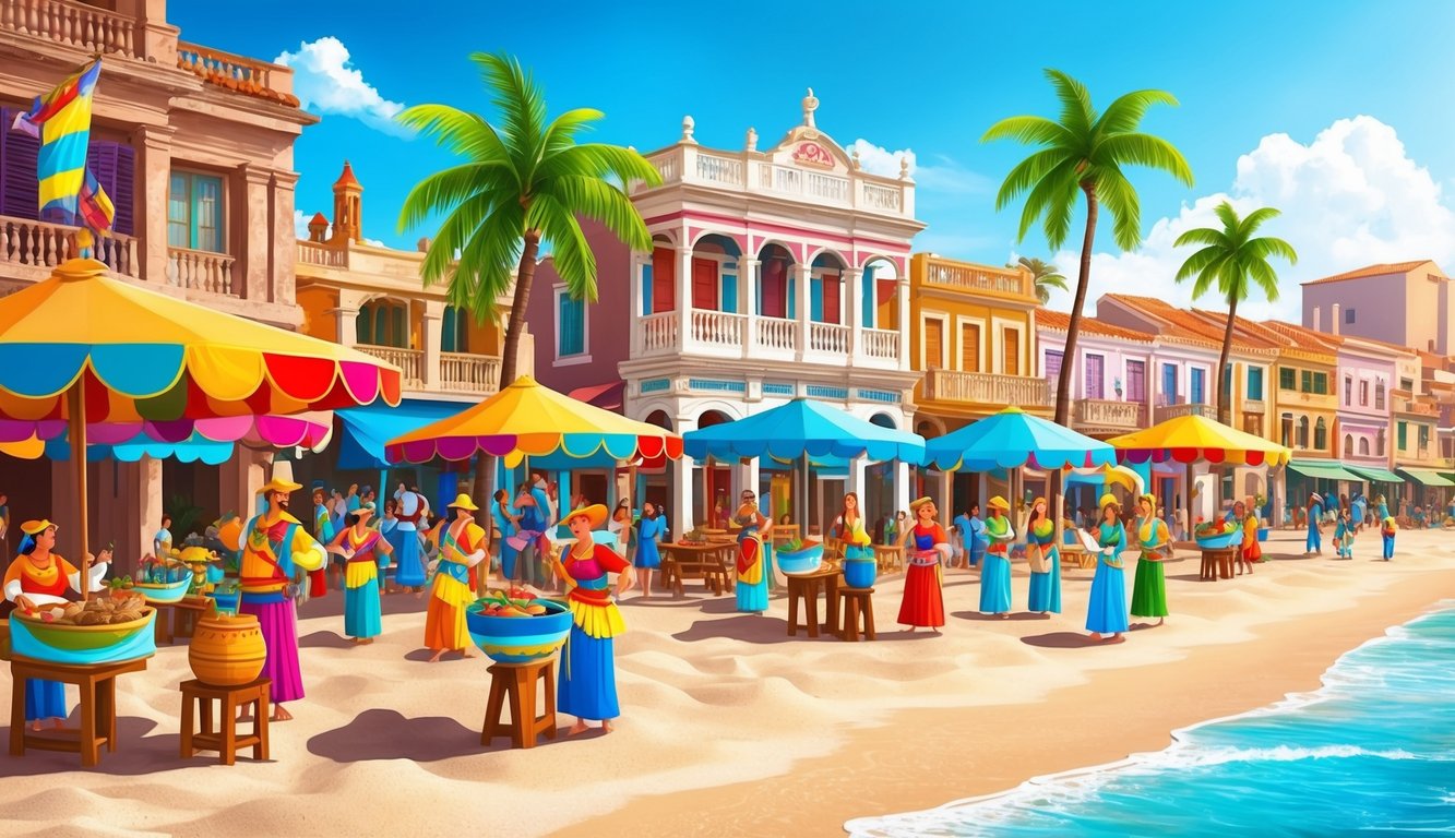 Colorful beach towns with lively festivals, traditional music, and local cuisine. Sandy shores, palm trees, and historic architecture create a vibrant and festive atmosphere